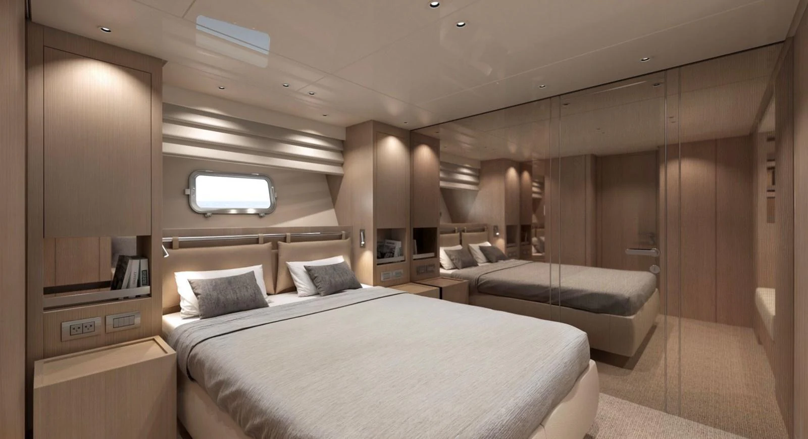 The master stateroom features a spacious bed with elegant wood finishes and ample natural light. aboard SX76 Yacht for Sale