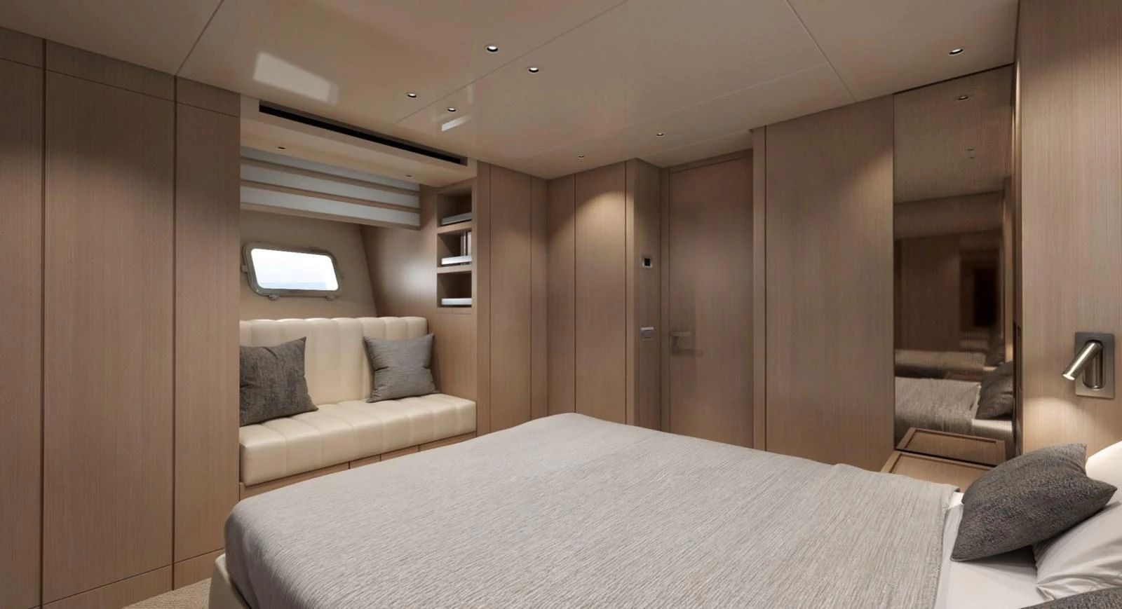 A luxurious stateroom featuring a comfortable bed, a seating area, and ample storage space. aboard SX76 Yacht for Sale