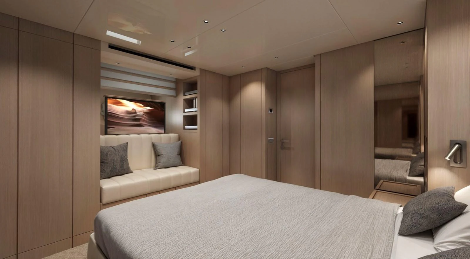 The stateroom features a plush bed, cozy seating area, and elegant wood paneling. aboard SX76 Yacht for Sale