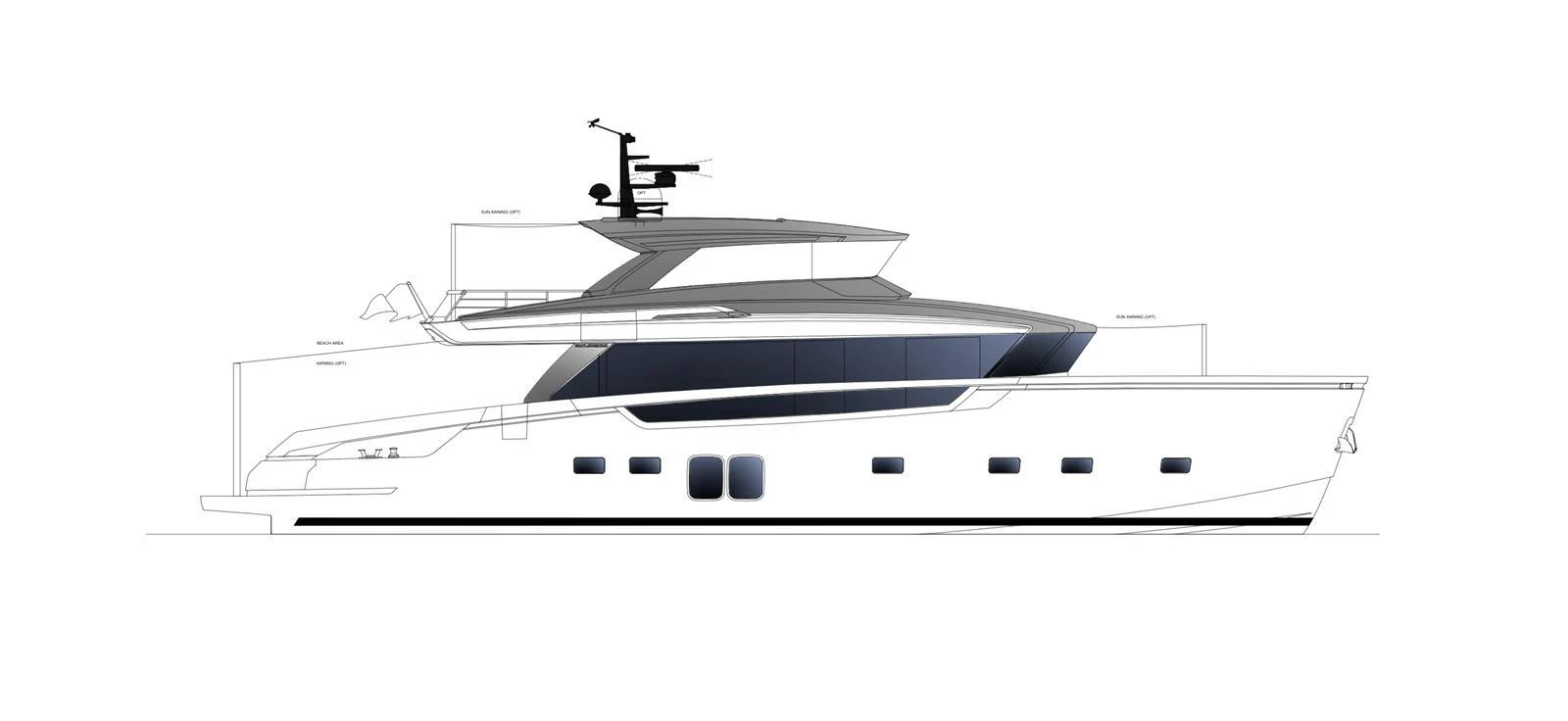 A sleek and modern yacht with a streamlined profile and spacious upper deck. aboard SX76 Yacht for Sale