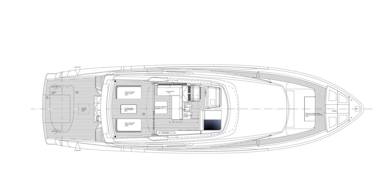 A detailed blueprint of a yacht's layout showcasing various sections and rooms. aboard SX76 Yacht for Sale