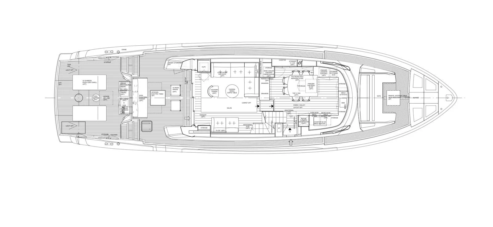 This is a detailed floor plan of a yacht showcasing its layout and design. aboard SX76 Yacht for Sale