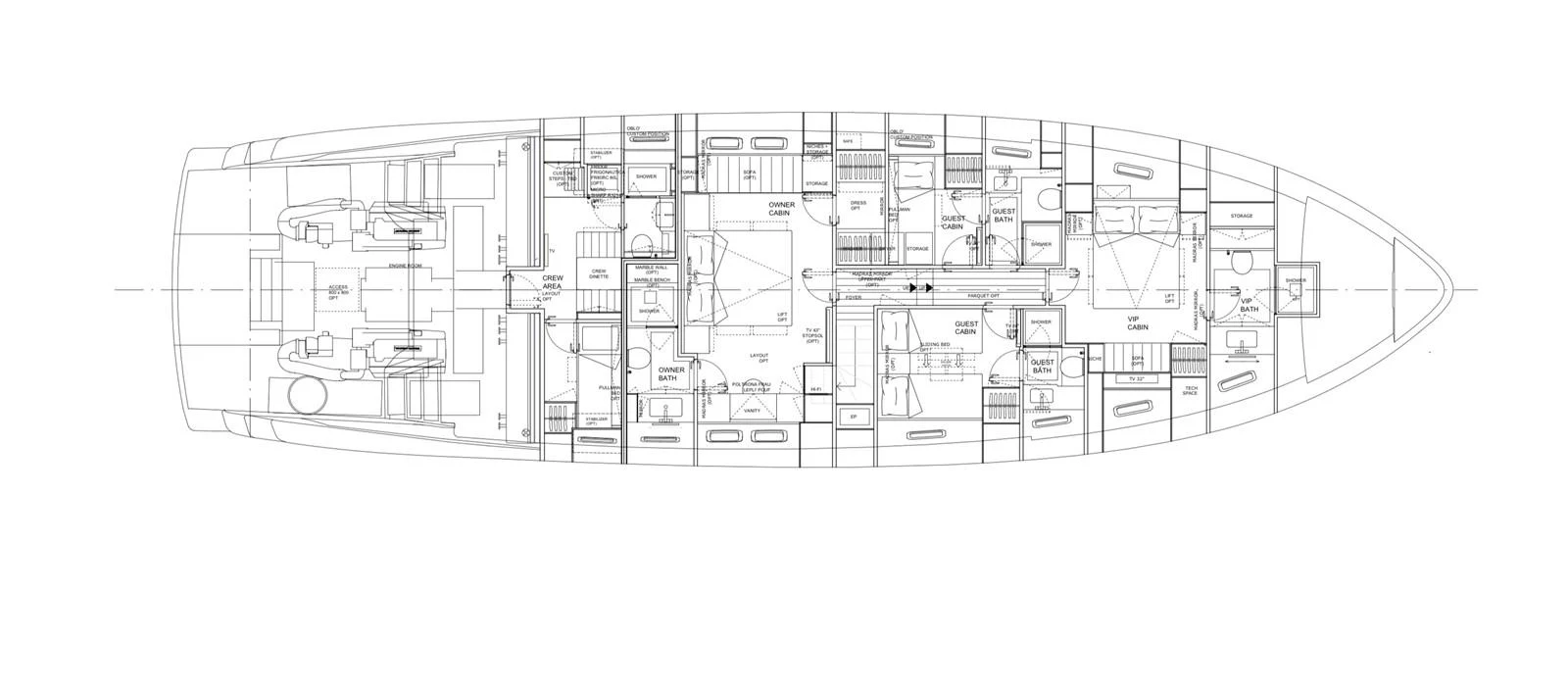 A detailed floor plan of the yacht showcasing its layout and various rooms. aboard SX76 Yacht for Sale