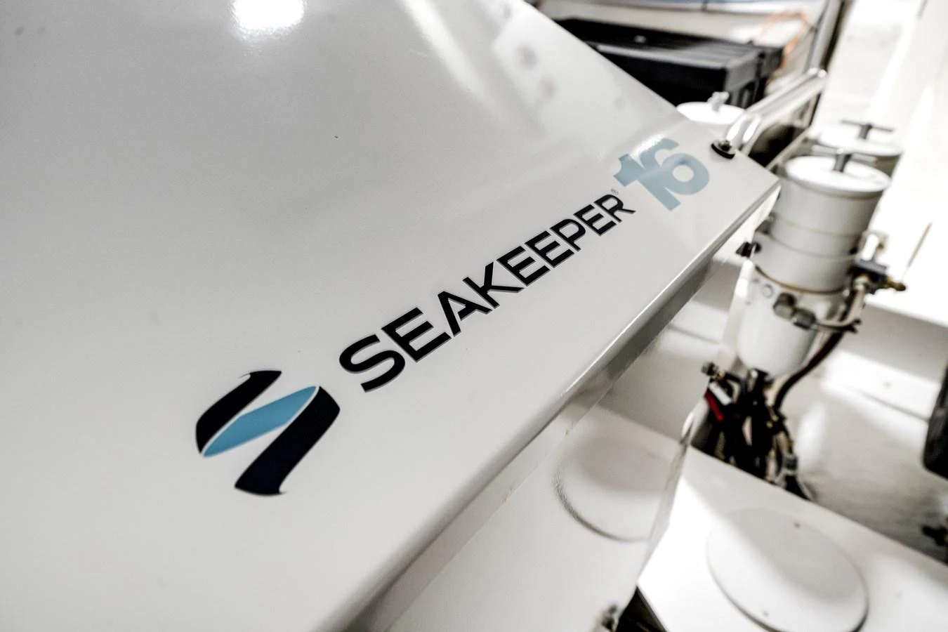 A close-up view of a Seakeeper 16 stabilization system on a yacht. aboard PARTNERSHIP V Yacht for Sale