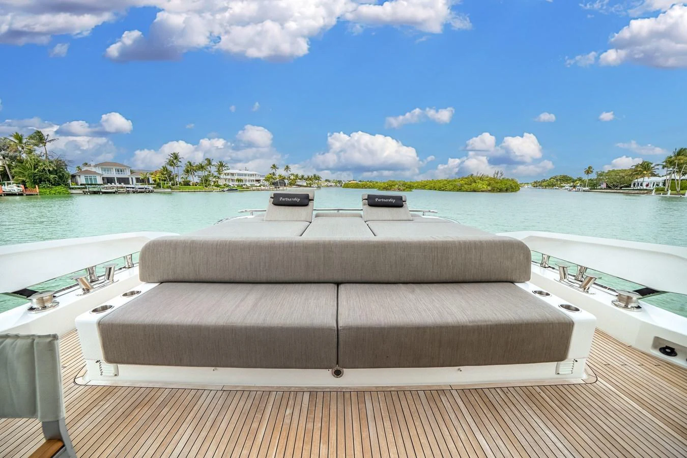 The sundeck offers a spacious and comfortable lounging area with stunning views of the water. aboard PARTNERSHIP V Yacht for Sale