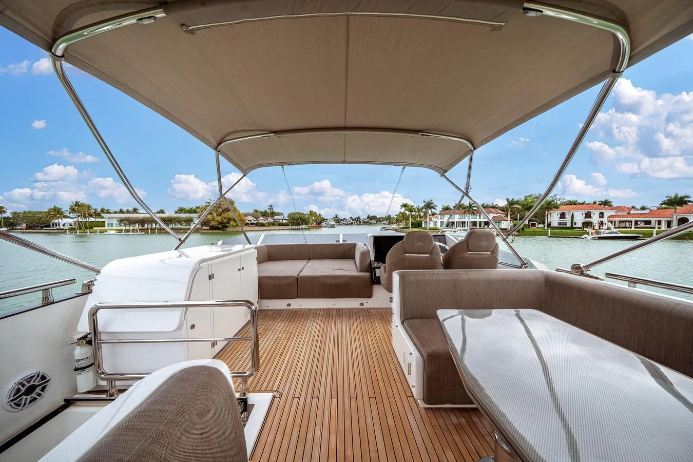 The flybridge offers a spacious and comfortable area for relaxation with ample seating and a scenic view. aboard PARTNERSHIP V Yacht for Sale