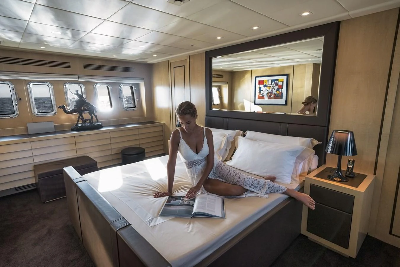 The master stateroom offers a luxurious and serene retreat with elegant decor and ample natural light. aboard MANU Yacht for Sale