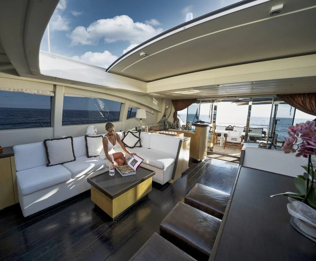 The salon offers a spacious and elegant area for relaxation with panoramic views of the sea. aboard MANU Yacht for Sale