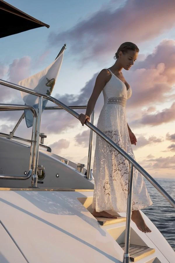 A woman in an elegant dress descends the stairs of a yacht at sunset. aboard MANU Yacht for Sale