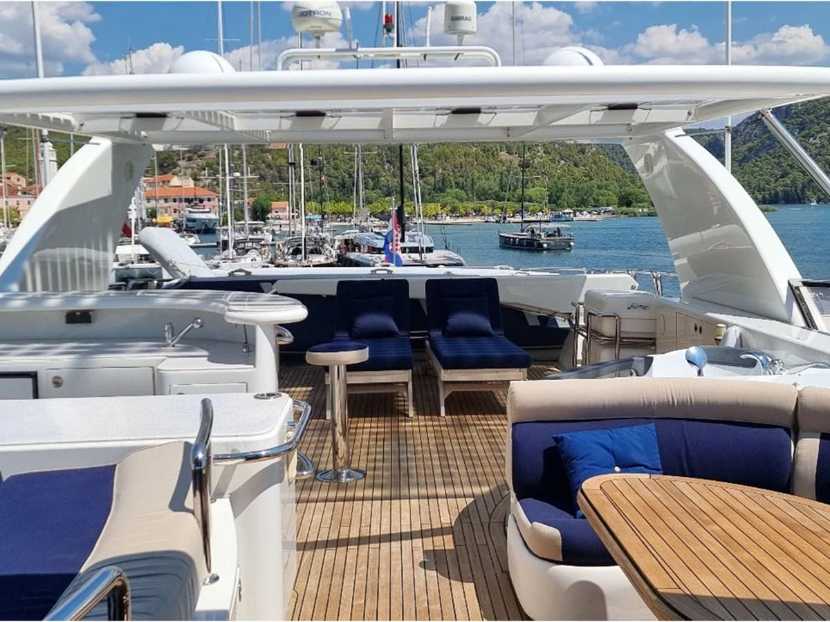 The flybridge offers a spacious and inviting area with comfortable seating and scenic views of the marina. aboard LADY TATIANA Yacht for Sale