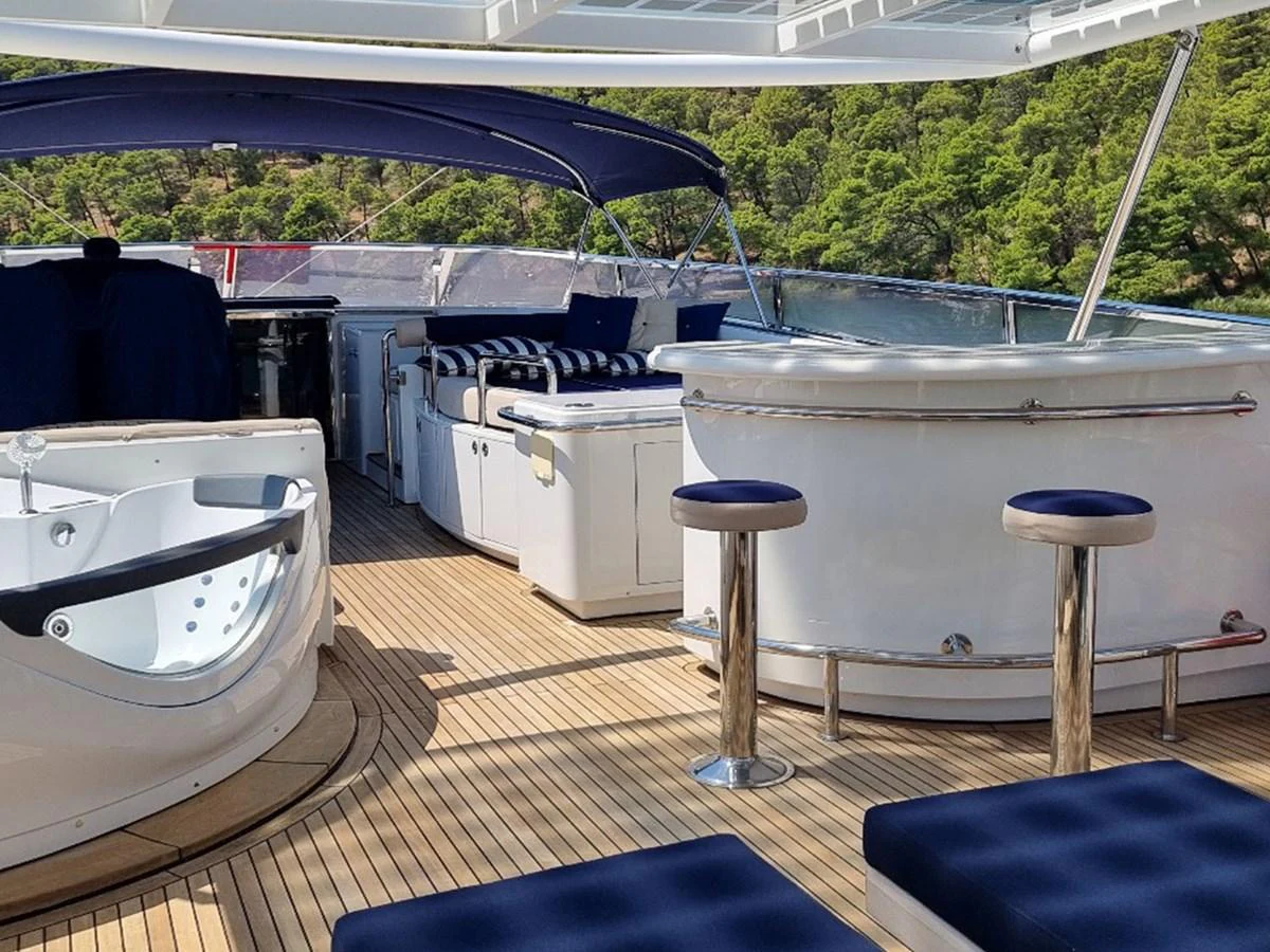 The sundeck features luxurious seating, a jacuzzi, and a bar area for relaxation and entertainment. aboard LADY TATIANA Yacht for Sale