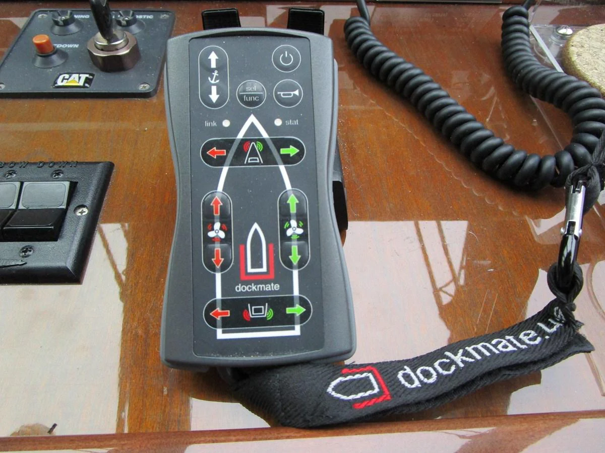 A close-up of a yacht's docking control system, showcasing advanced maneuvering capabilities. aboard SHORE GIRL Yacht for Sale
