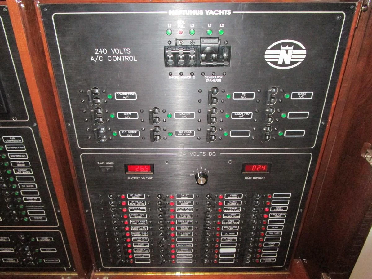 The yacht's control panel showcases its advanced electrical systems and monitoring capabilities. aboard SHORE GIRL Yacht for Sale