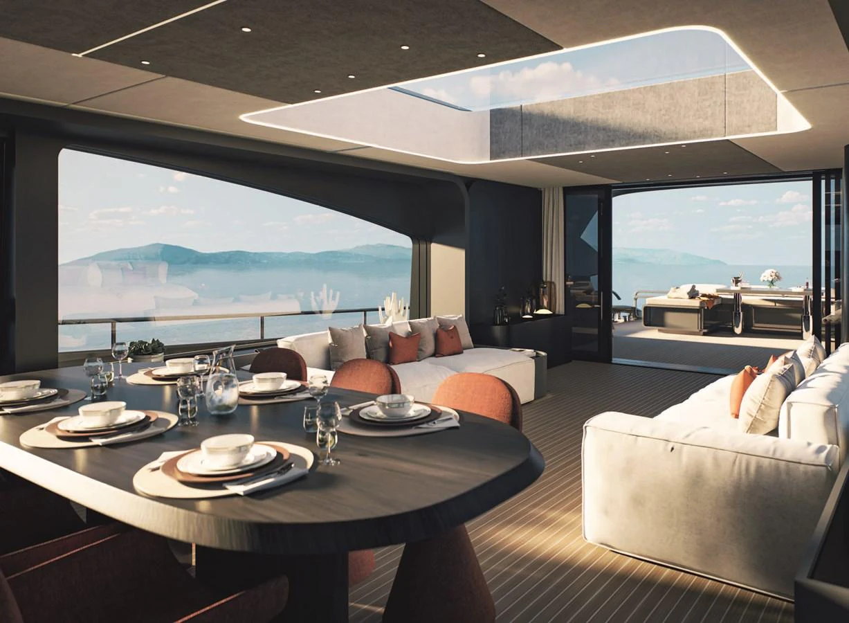 a living room with a large window aboard AB 95S Yacht for Sale