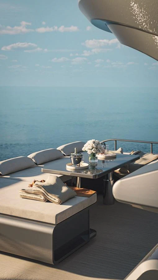 a table with a book and a vase of flowers on it aboard AB 95S Yacht for Sale
