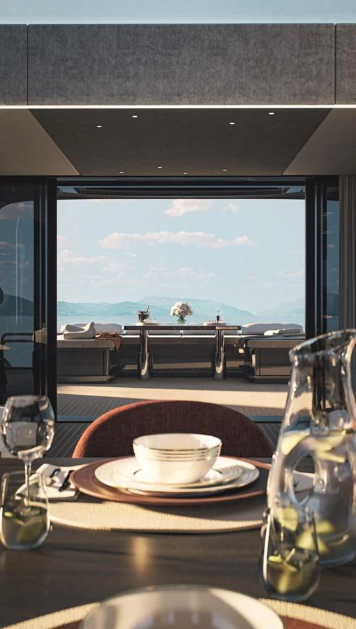 a table with a plate and glasses on it aboard AB 95S Yacht for Sale