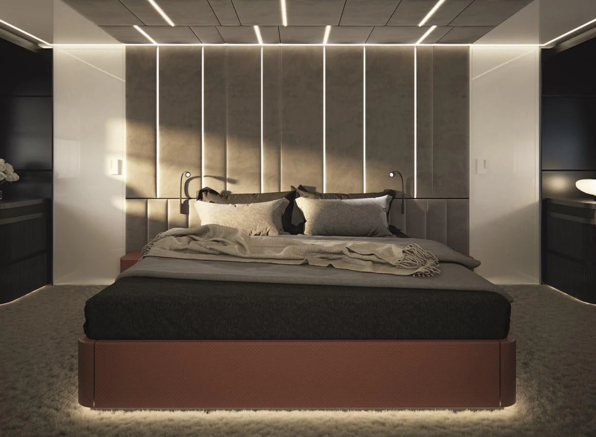 a bed in a room aboard AB 95S Yacht for Sale