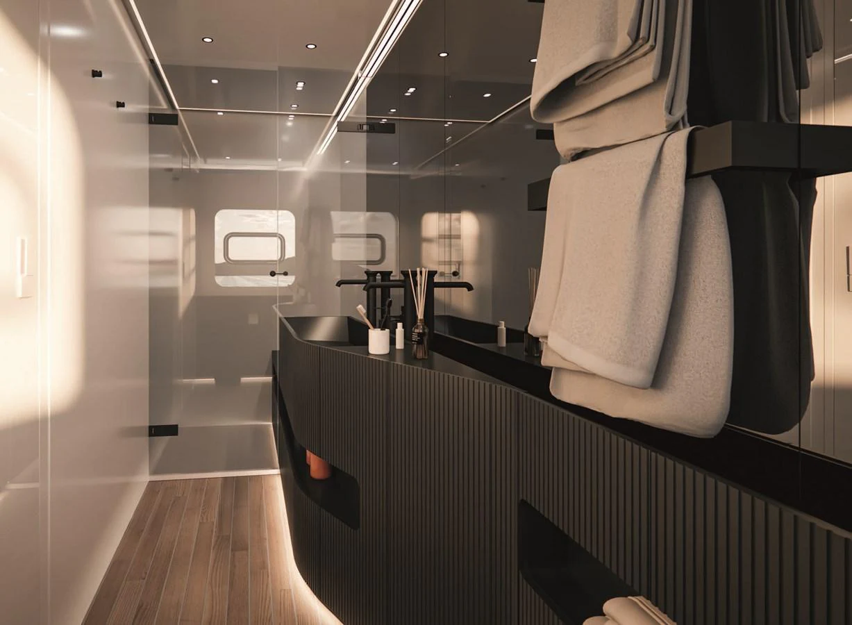 a bathroom with a sink and a mirror aboard AB 95S Yacht for Sale