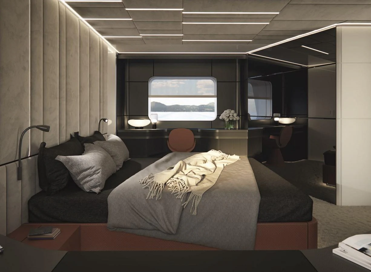 a bed in a room aboard AB 95S Yacht for Sale