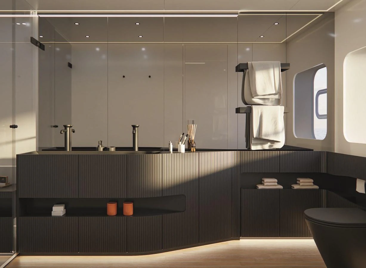a bathroom with a large mirror aboard AB 95S Yacht for Sale