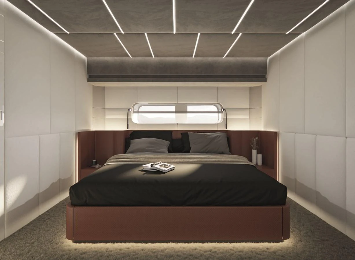 a bed in a room aboard AB 95S Yacht for Sale