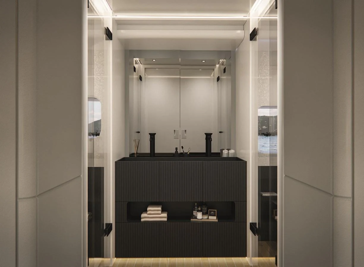 a bathroom with a mirror aboard AB 95S Yacht for Sale
