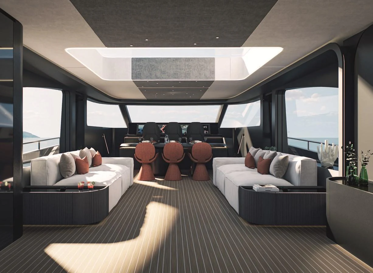 a large room with a bed and a couch aboard AB 95S Yacht for Sale
