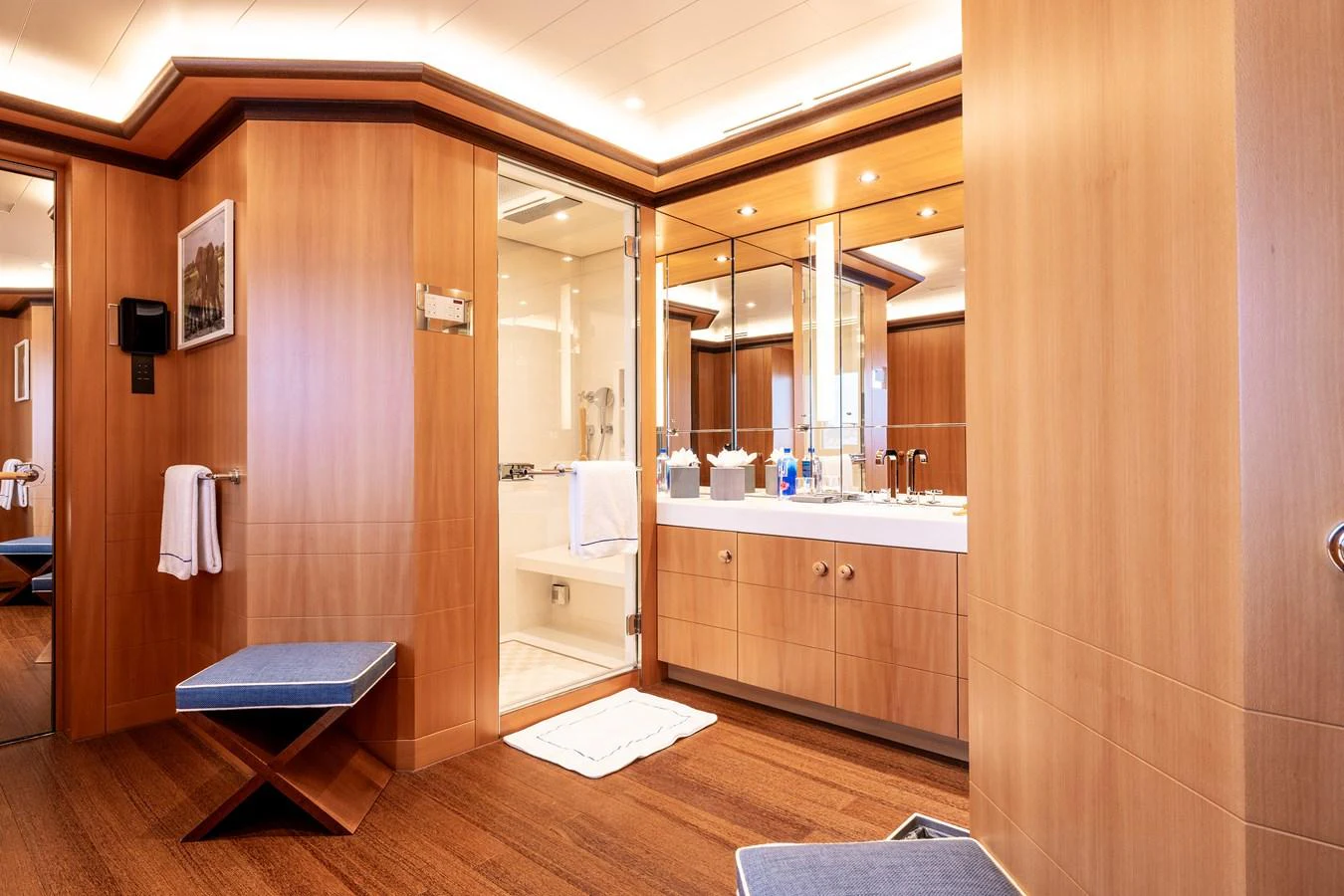 a bathroom with a shower and a sink aboard ROCINANTE Yacht for Sale