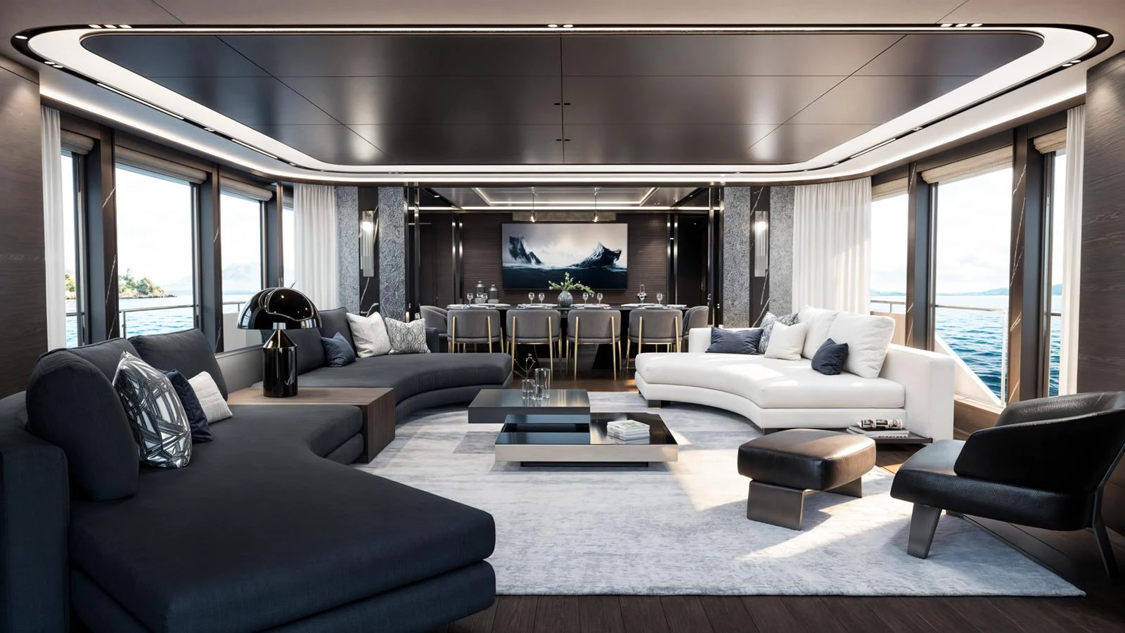 The salon features a sophisticated and spacious design with ample seating and panoramic views. aboard 134 SUPERYACHT Yacht for Sale