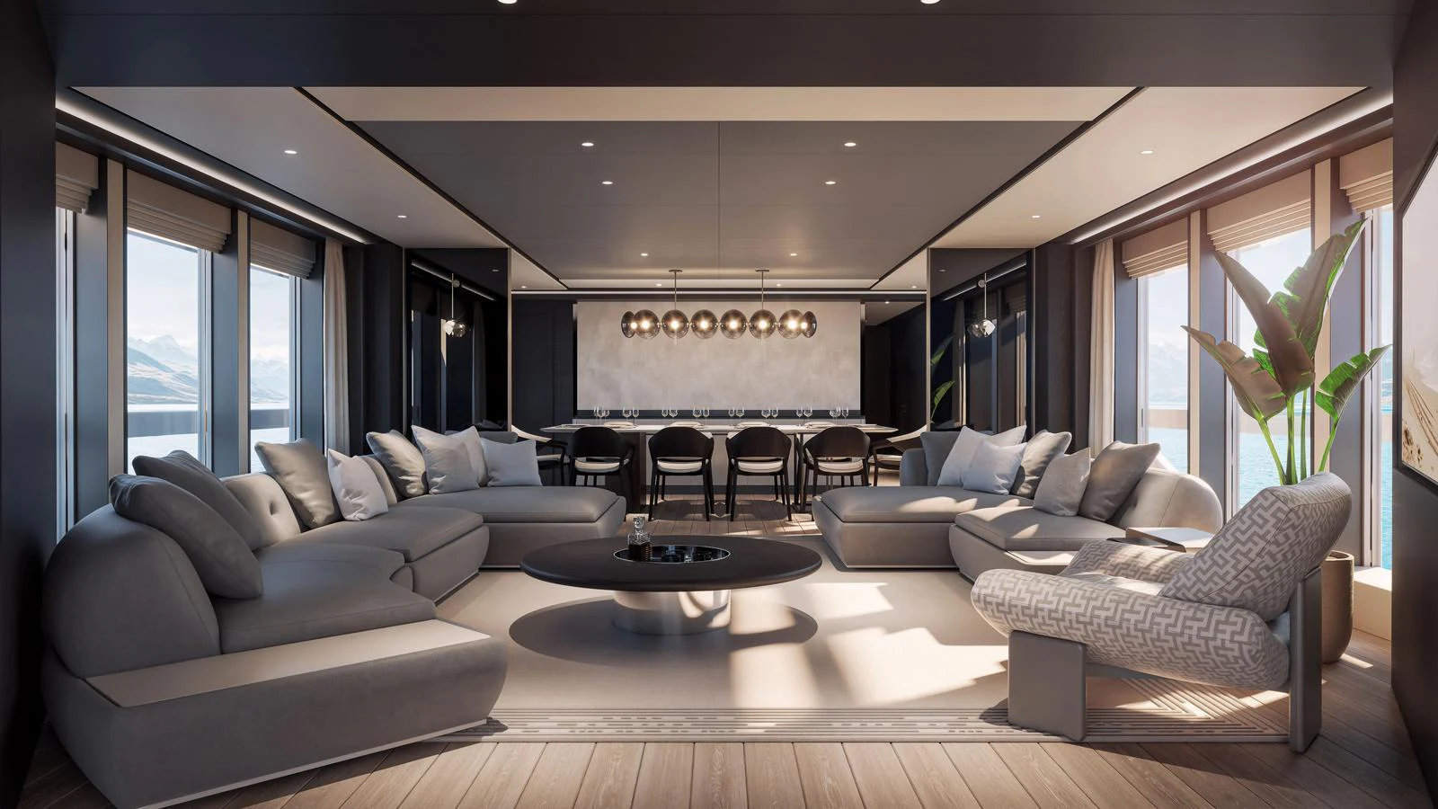 The yacht's salon features modern furnishings with ample natural light and a sophisticated ambiance. aboard 134 SUPERYACHT Yacht for Sale