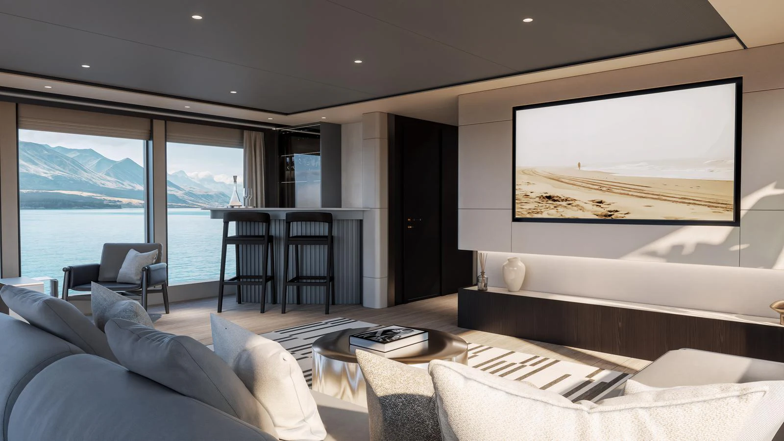 The salon offers a spacious and elegant setting with panoramic views and modern decor. aboard 134 SUPERYACHT Yacht for Sale