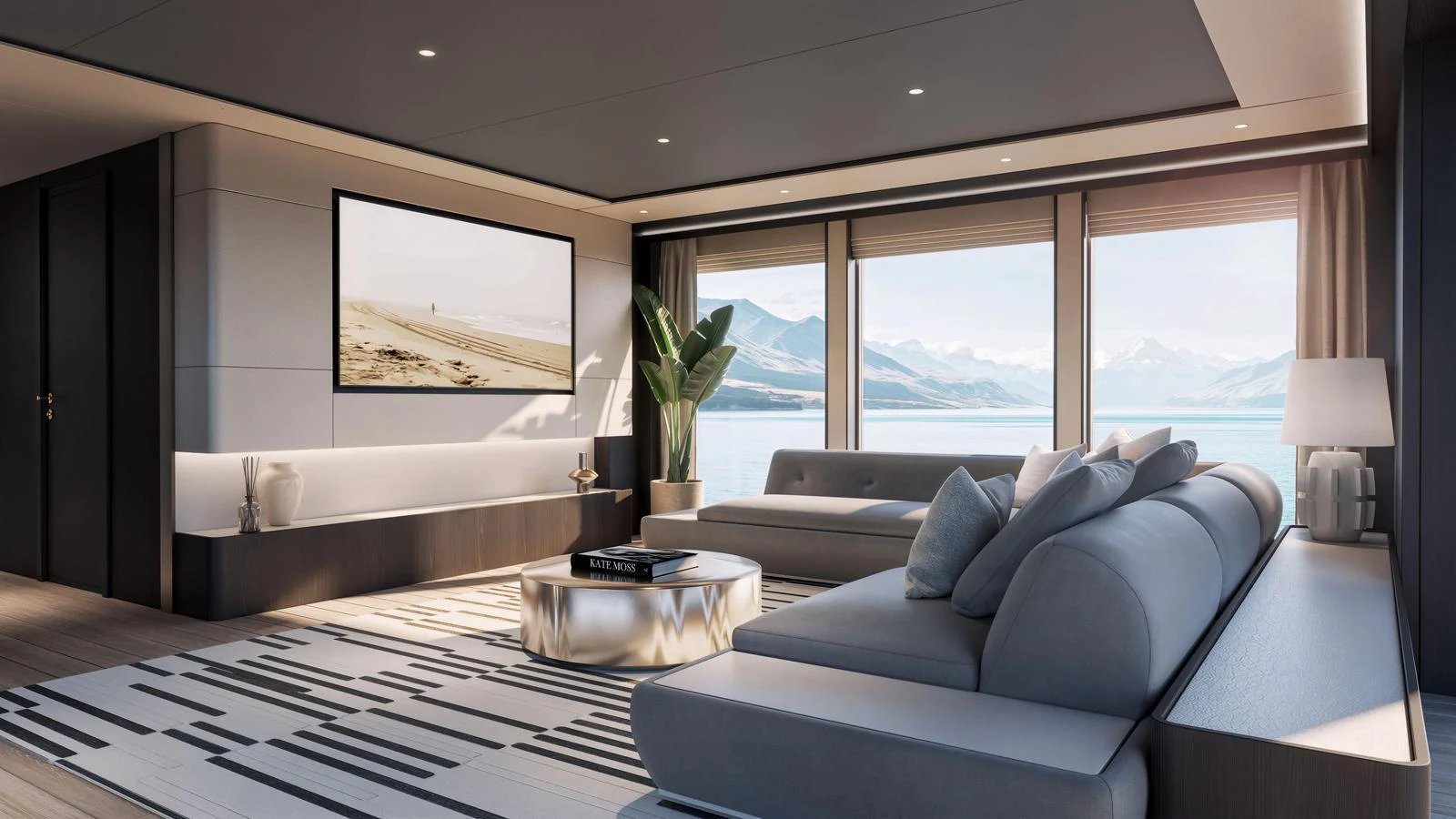 The salon features modern furnishings with panoramic windows offering stunning views. aboard 134 SUPERYACHT Yacht for Sale