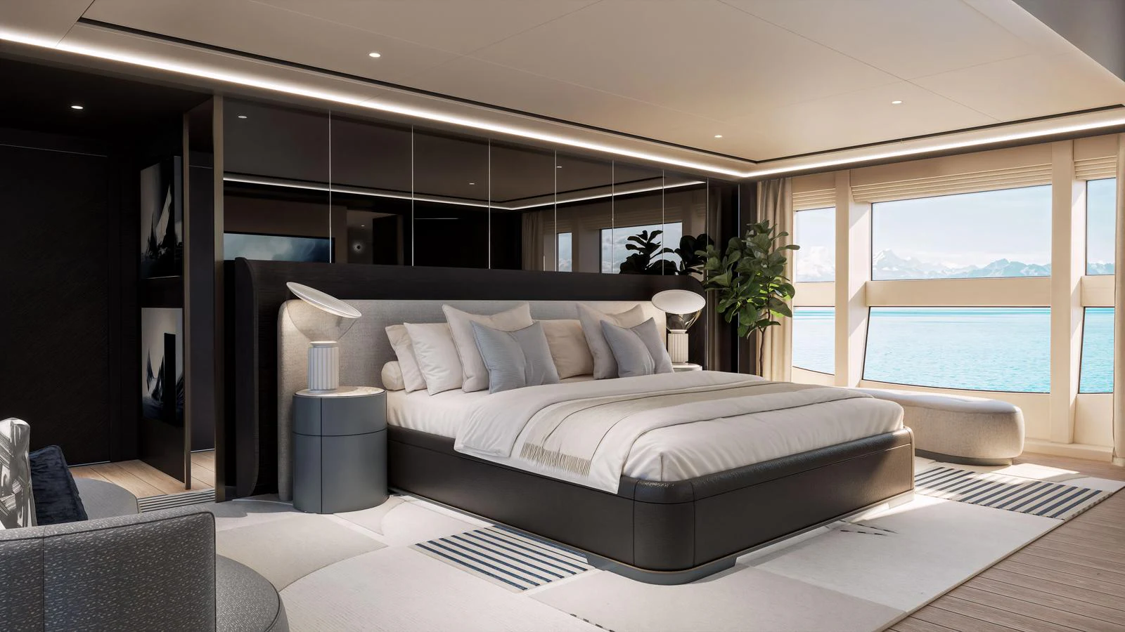 The master stateroom features a luxurious bed with panoramic ocean views. aboard 134 SUPERYACHT Yacht for Sale