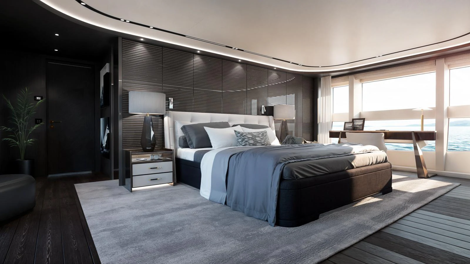 The master stateroom features a luxurious bed, modern decor, and expansive windows with ocean views. aboard 134 SUPERYACHT Yacht for Sale