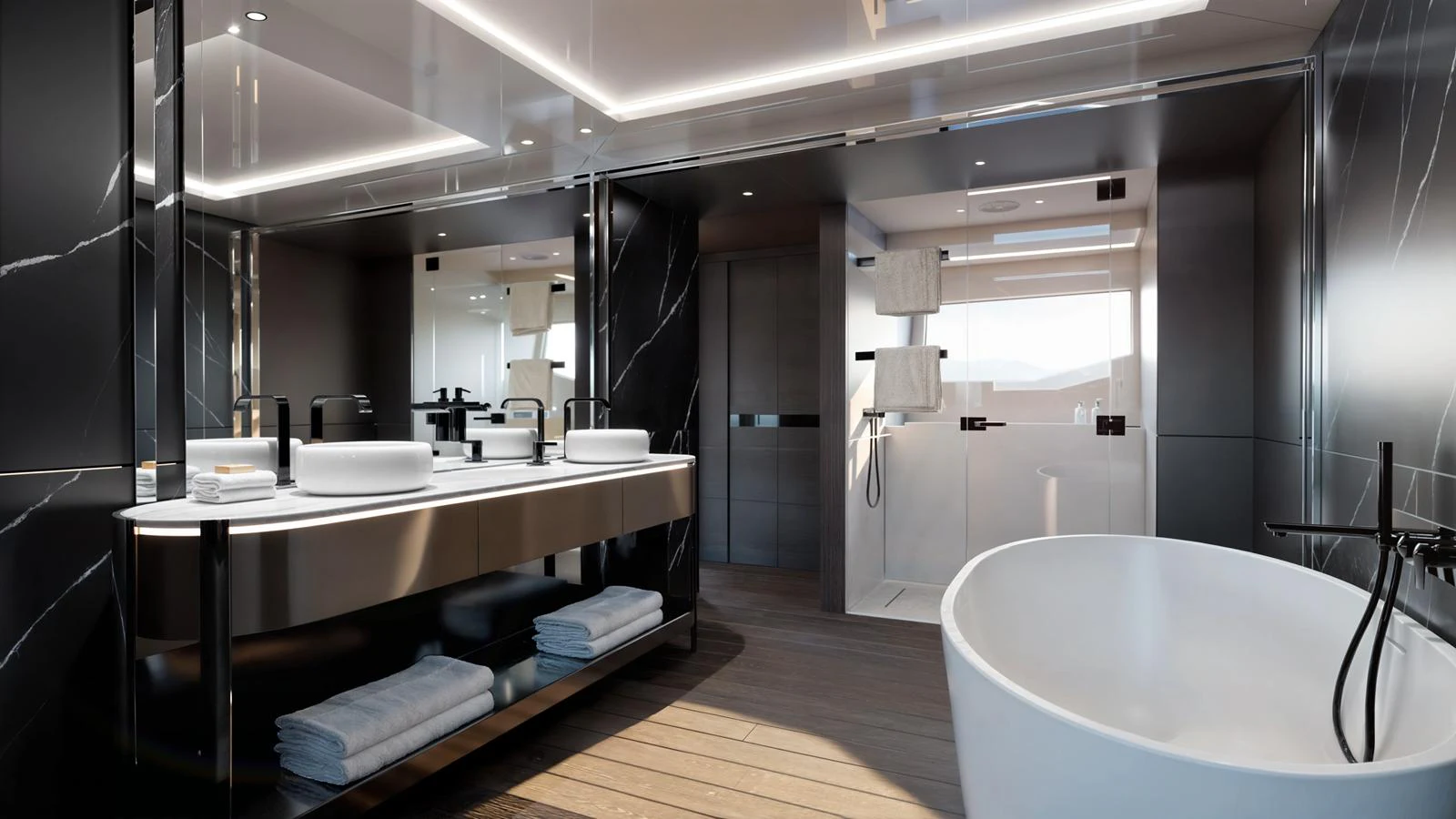 The yacht's bathroom features a modern design with sleek fixtures and luxurious amenities. aboard 134 SUPERYACHT Yacht for Sale
