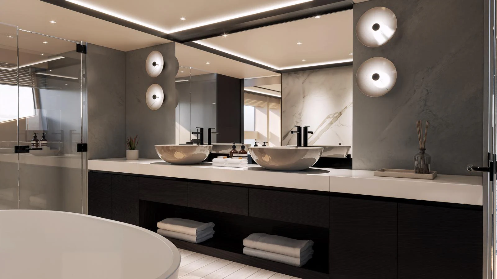 The yacht's bathroom features a sleek, modern design with dual sinks and elegant lighting. aboard 134 SUPERYACHT Yacht for Sale