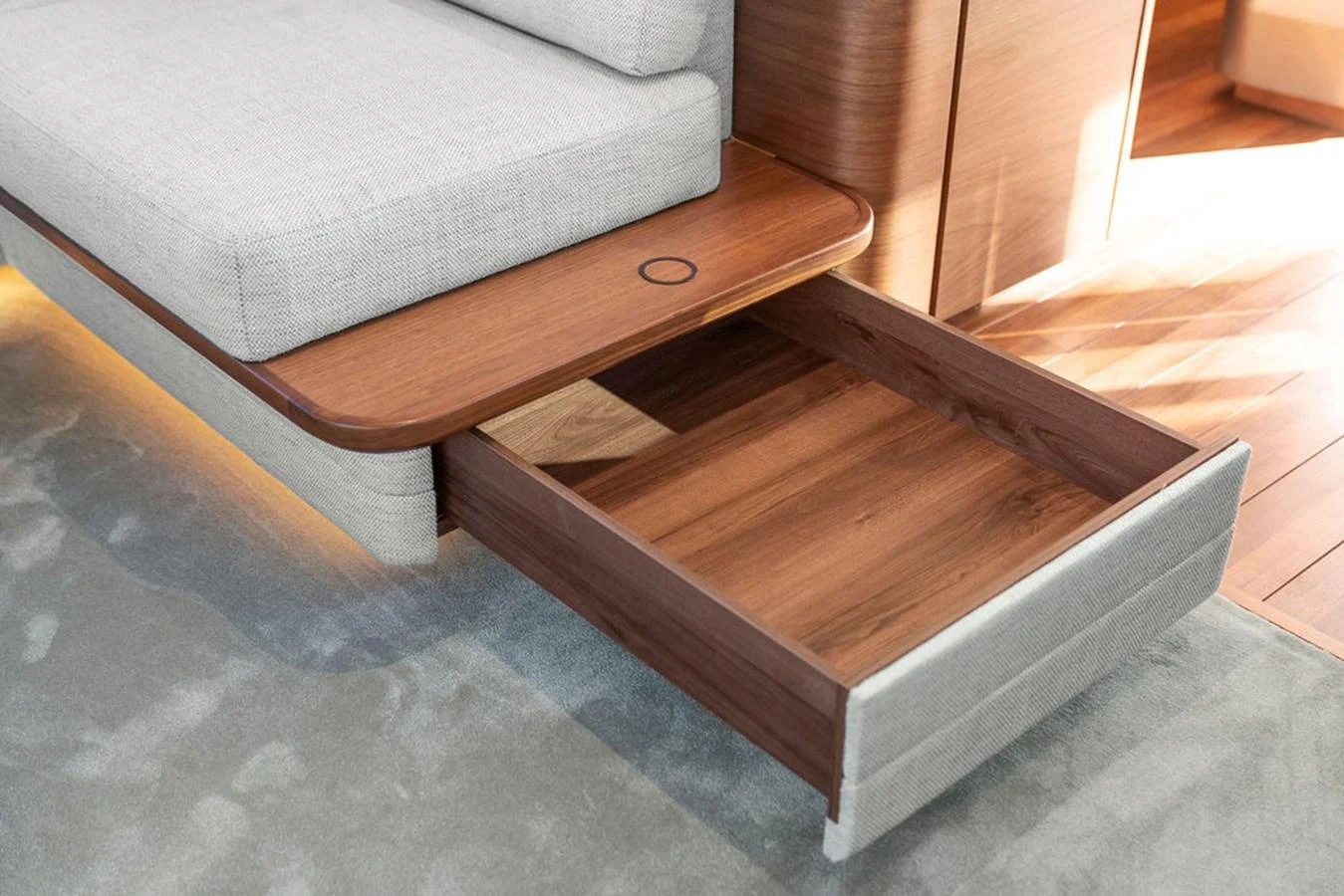 A close-up view of a wooden drawer integrated into a modern yacht's interior furniture. aboard PRINCESS S72 Yacht for Sale
