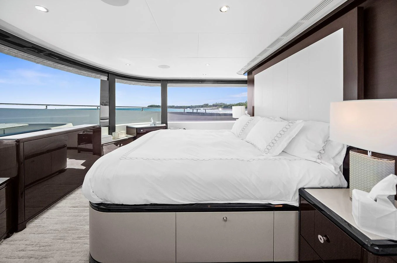 The master stateroom offers a luxurious and spacious retreat with panoramic views and elegant furnishings. aboard LA LA LA Yacht for Sale