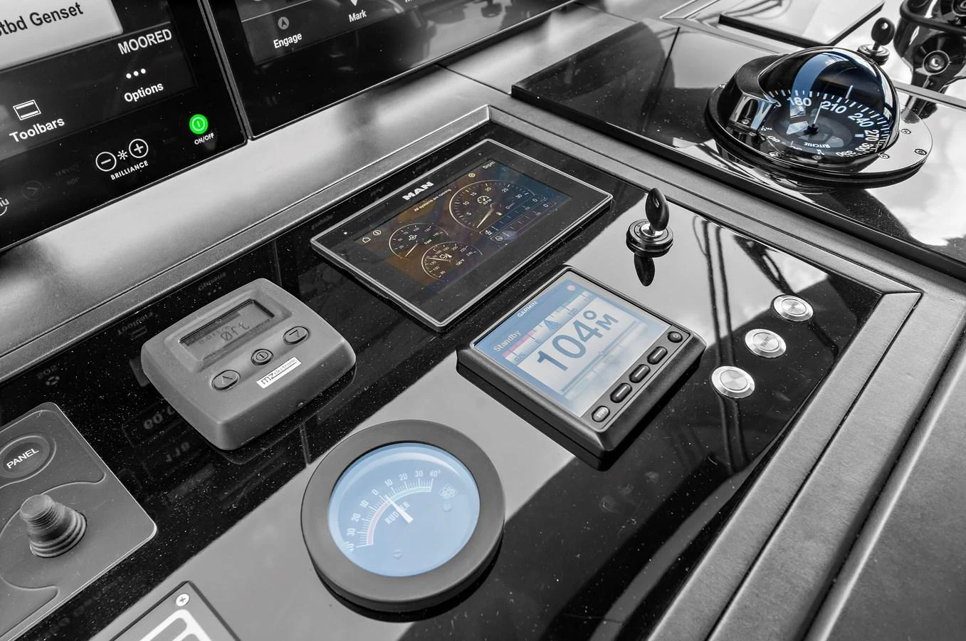 The helm features advanced navigation and control instruments for precise yacht management. aboard LA LA LA Yacht for Sale