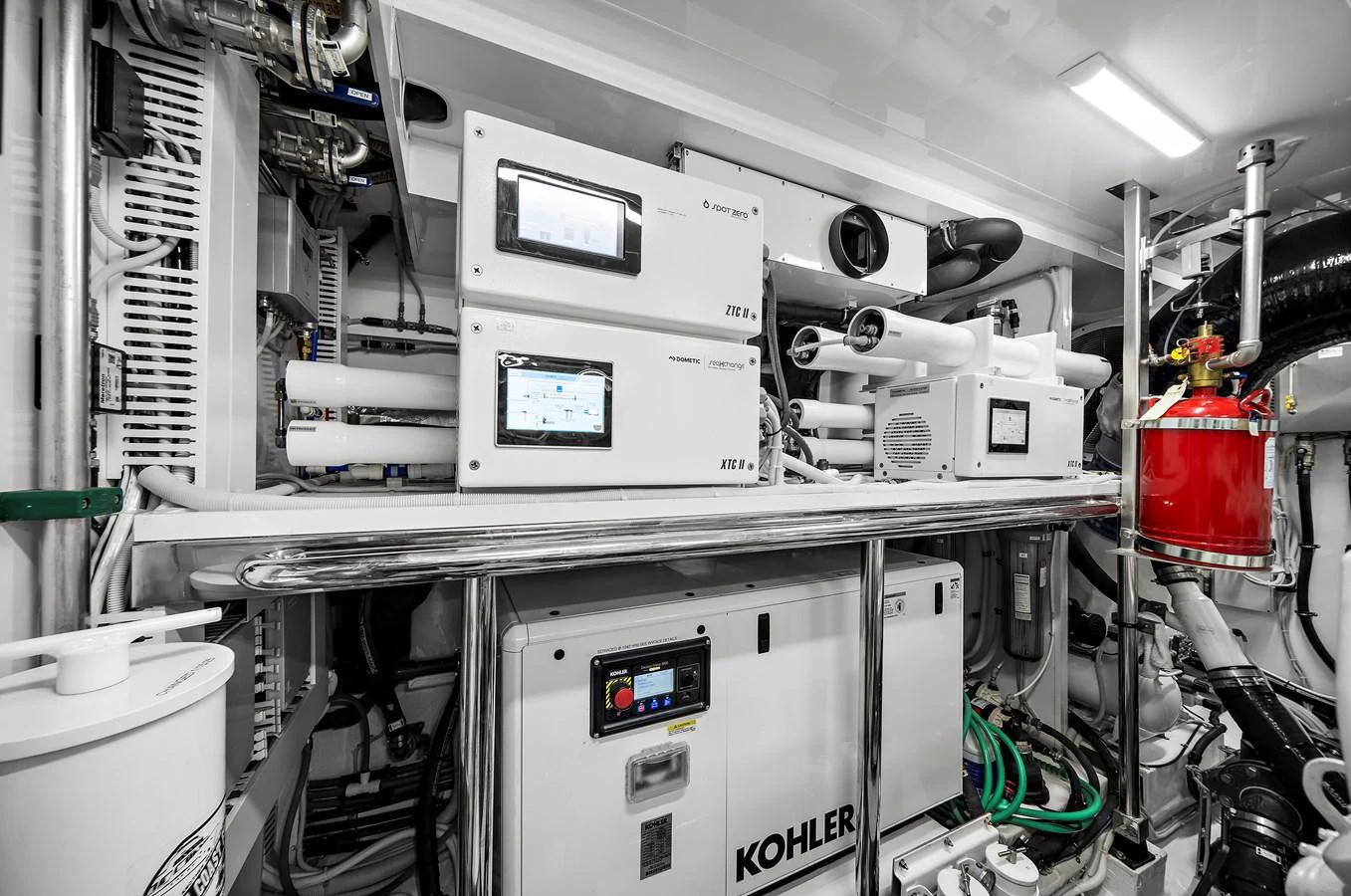 The engine room is equipped with advanced machinery and safety equipment. aboard LA LA LA Yacht for Sale
