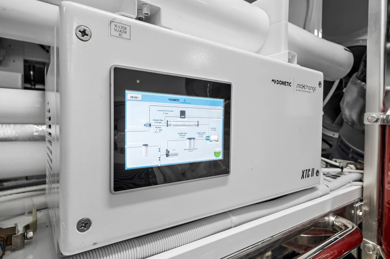 A close-up view of a yacht's technical equipment, showcasing a control panel with a digital display. aboard LA LA LA Yacht for Sale