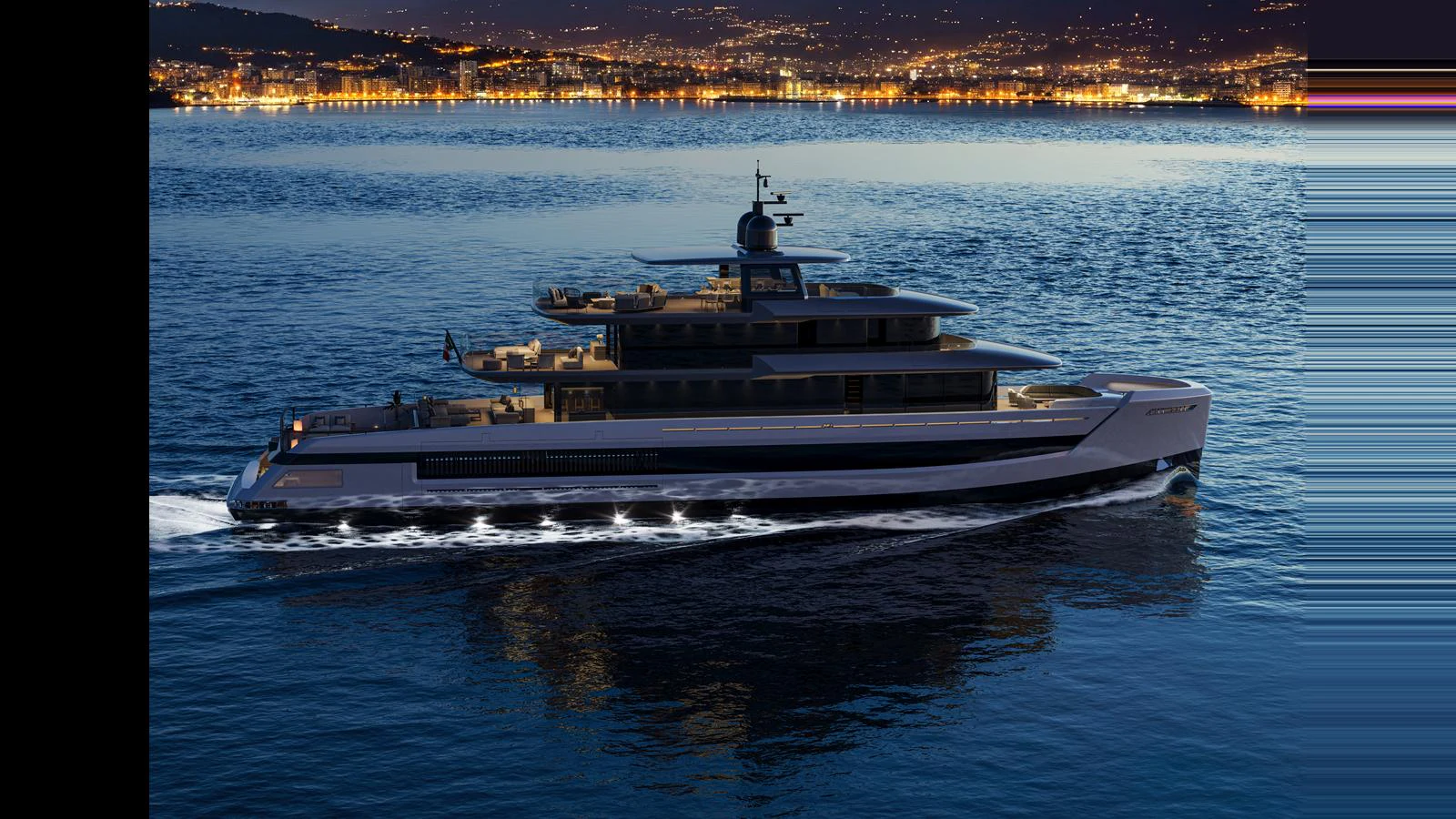 A sleek and modern yacht cruises through calm waters at night, with city lights twinkling in the background. aboard X145 GLOBAL Yacht for Sale