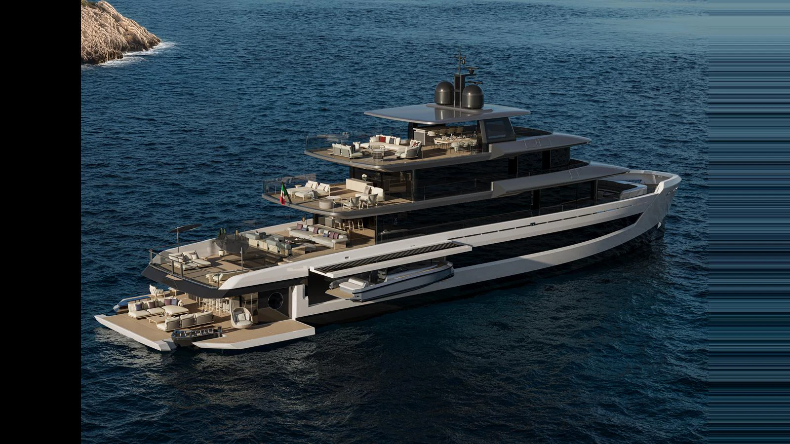 A sleek and modern yacht cruising on the open water, showcasing multiple luxurious decks. aboard X145 GLOBAL Yacht for Sale