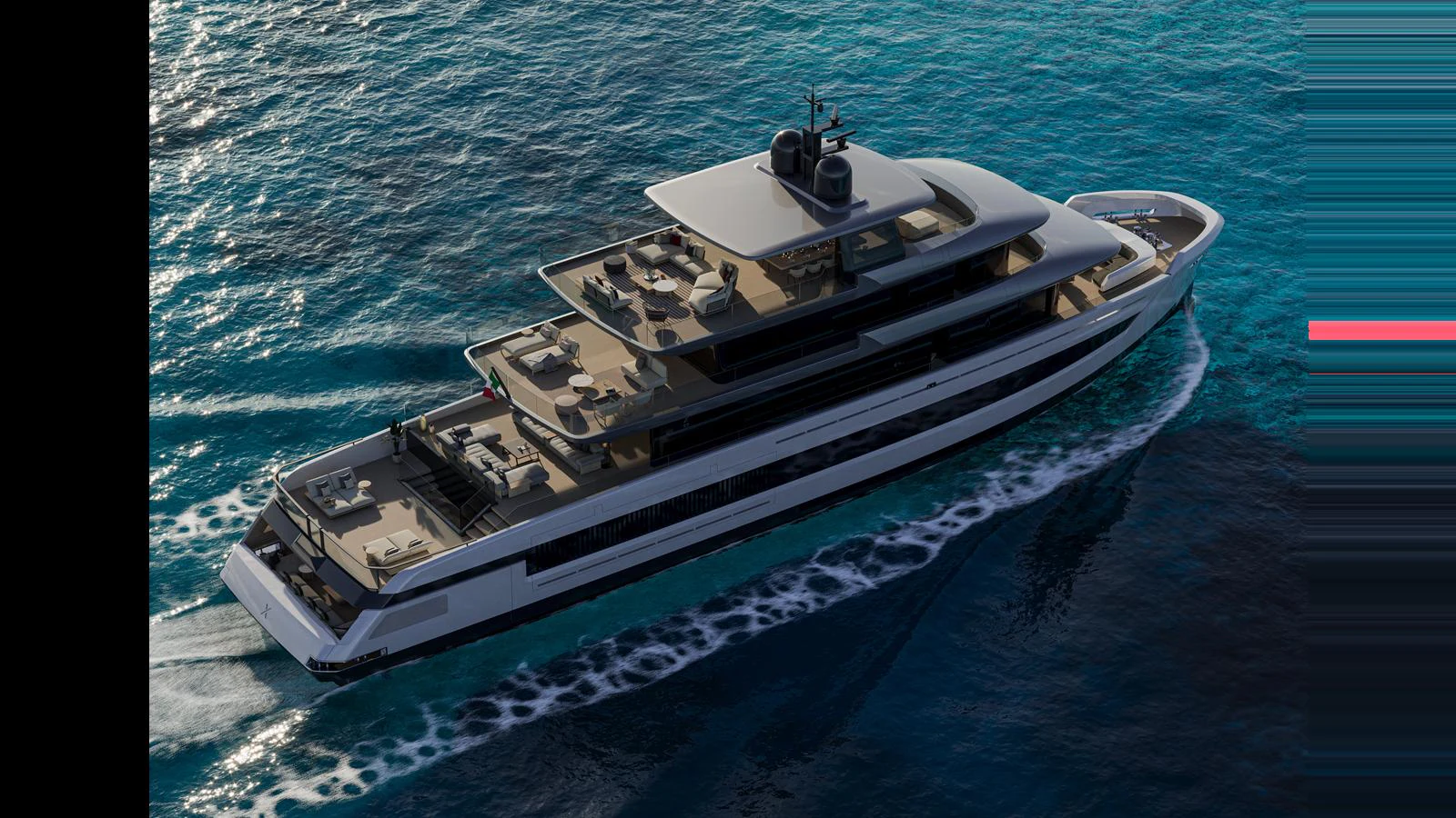 A sleek and modern yacht cruising through the open water, showcasing its luxurious multi-deck design. aboard X145 GLOBAL Yacht for Sale