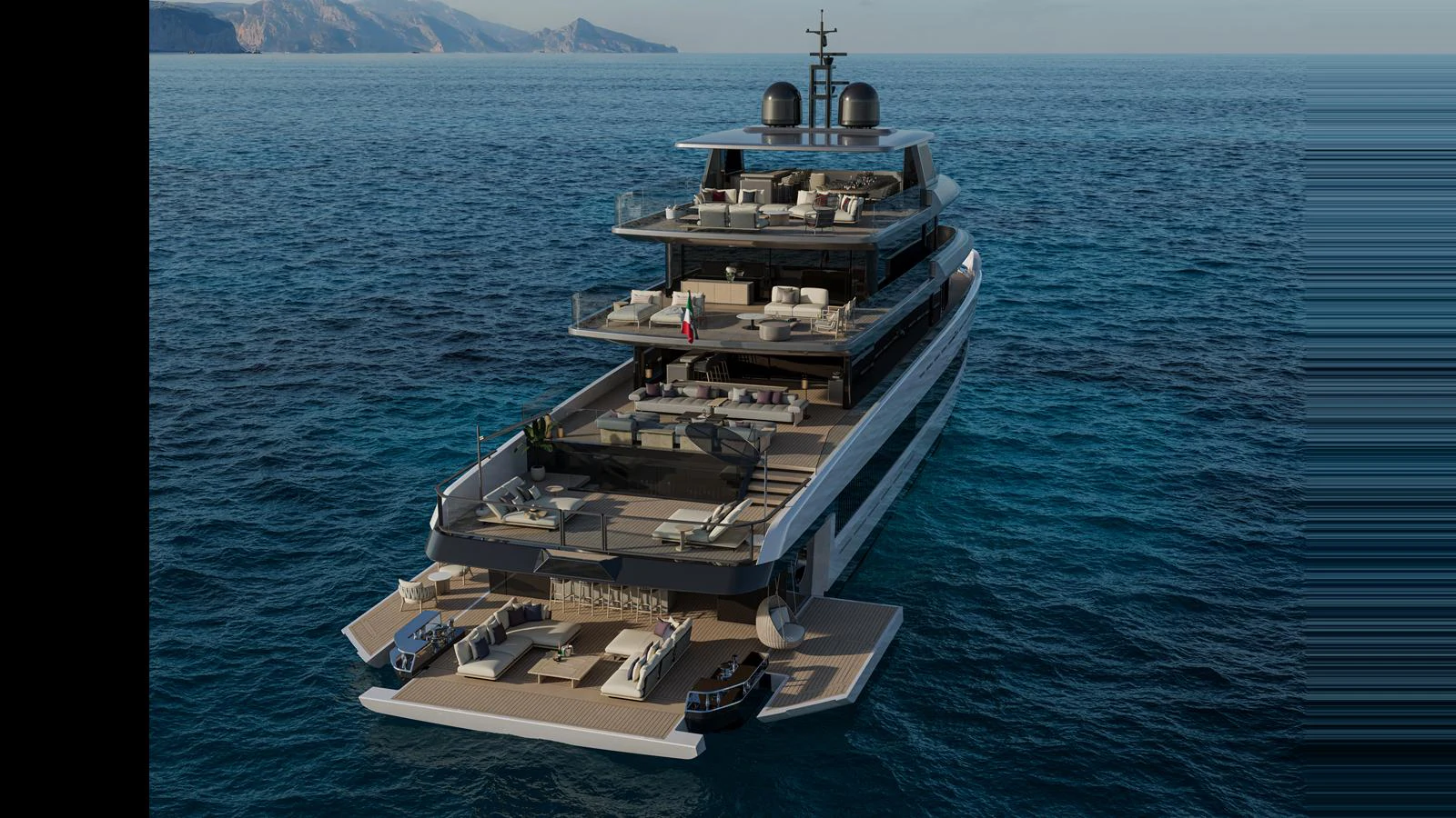A luxurious yacht with multiple decks and ample lounging areas, cruising on calm waters. aboard X145 GLOBAL Yacht for Sale