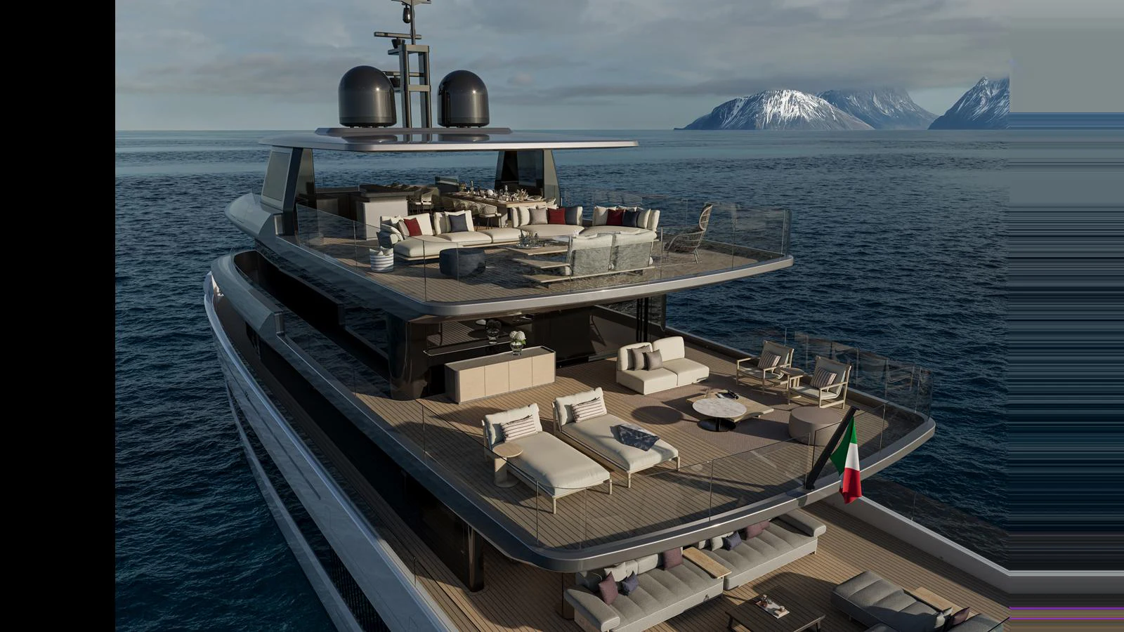 The yacht features an expansive aft deck with multiple lounging areas and stunning ocean views. aboard X145 GLOBAL Yacht for Sale