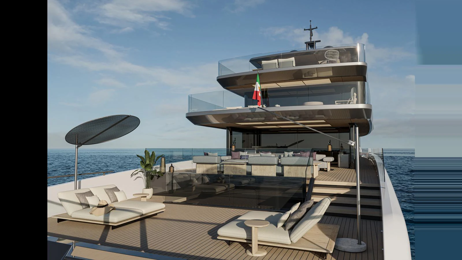 The yacht's aft deck features luxurious lounging areas with modern furnishings and a stunning ocean view. aboard X145 GLOBAL Yacht for Sale