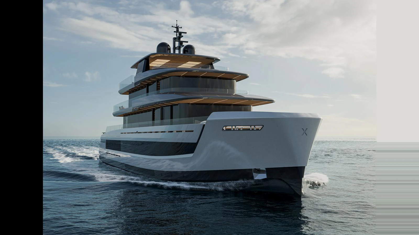 A sleek, modern yacht glides through the water under a partly cloudy sky. aboard X145 GLOBAL Yacht for Sale