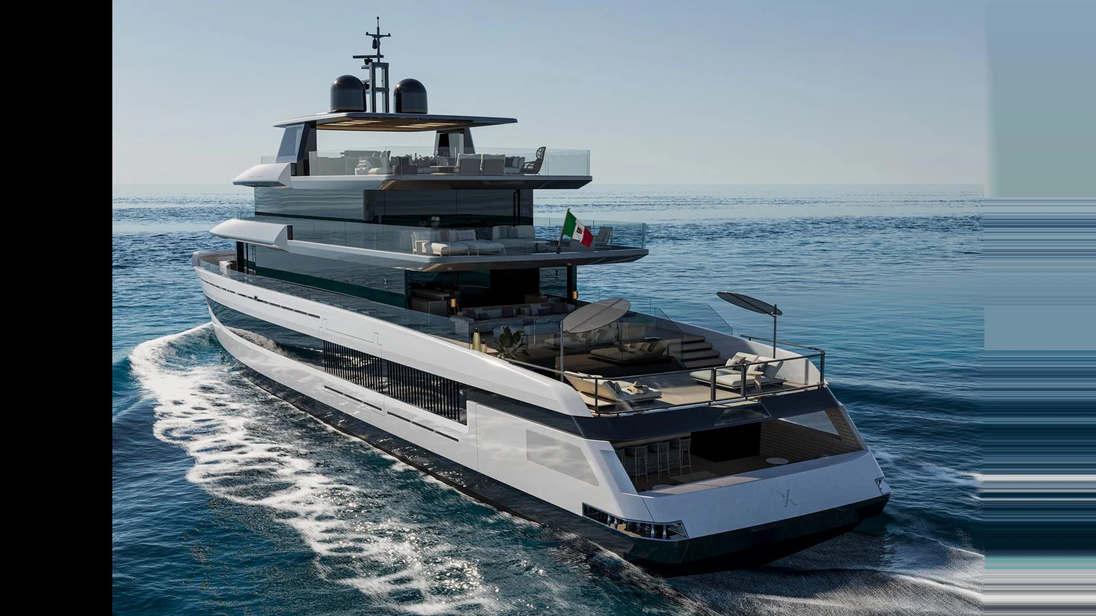 A sleek and modern yacht cruising on the open sea, showcasing its luxurious multi-deck design. aboard X145 GLOBAL Yacht for Sale