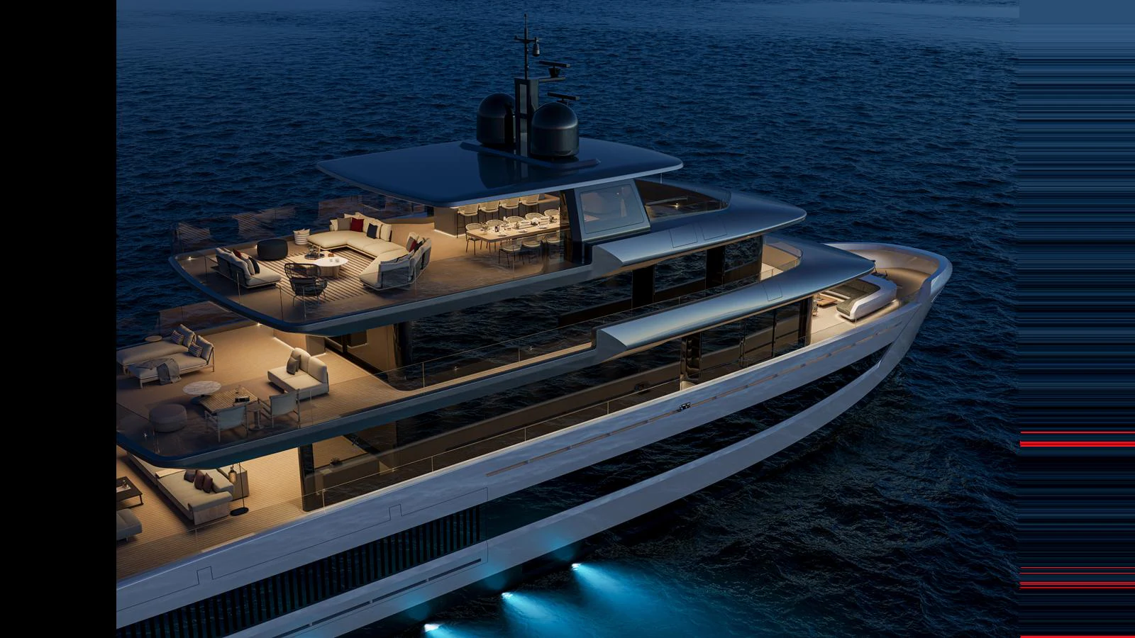 A sleek and modern yacht illuminated at dusk, showcasing multiple luxurious decks. aboard X145 GLOBAL Yacht for Sale